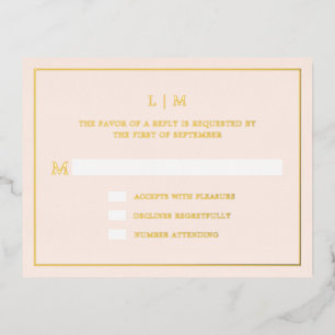 Simple Blush Pink Monogram Elegant Wedding RSVP Foil Invitation Postcard