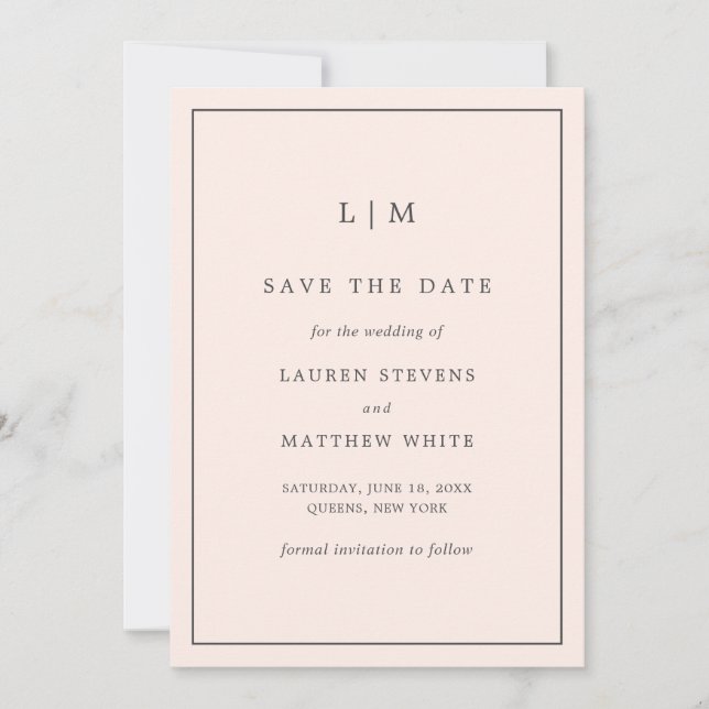 Simple Blush Pink Monogram Elegant Wedding Save The Date (Front)