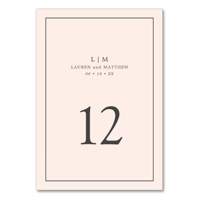 Simple Blush Pink Monogram Elegant Wedding Table Number (Front)