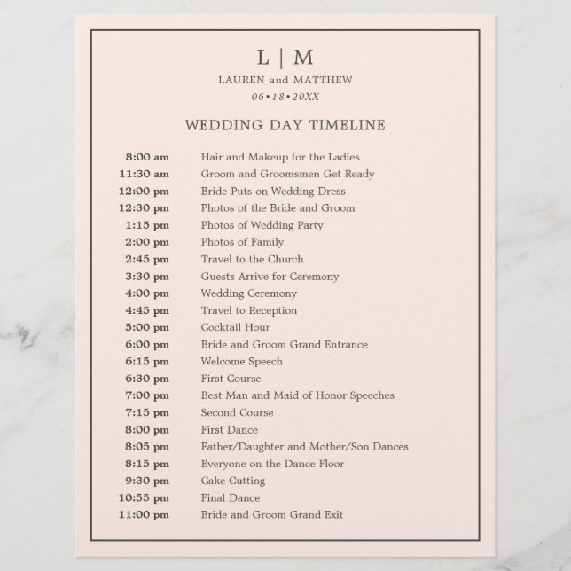 Simple Blush Pink Monogram Wedding Timeline (Front)