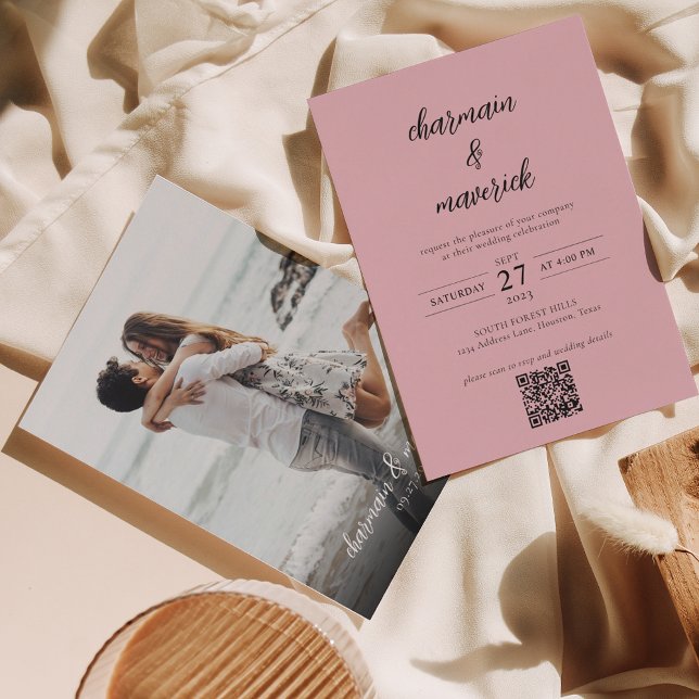 Simple Blush Pink Script Photo QR Code Wedding Invitation (Creator Uploaded)