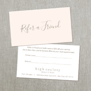 Simple Blush Pink Script Refer a Friend Loyalty Card
