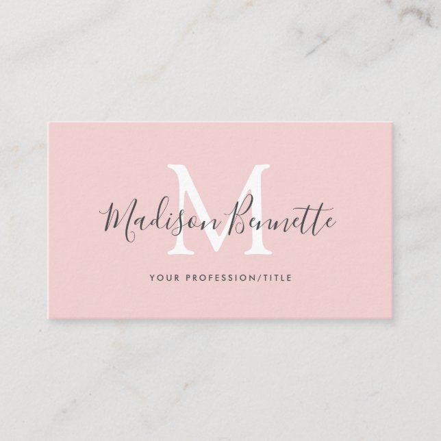 Simple Blush Pink Script Typography Monogram Business Card (Front)
