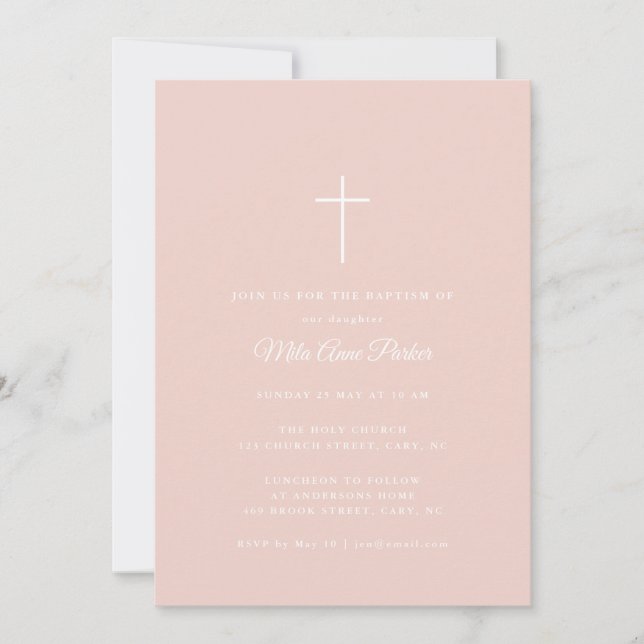 Simple Blush pink  & white Cross Baby Girl Baptism Invitation (Front)