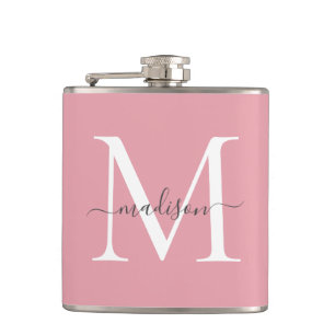 Simple Blush Pink White Grey Monogram Script Name Hip Flask