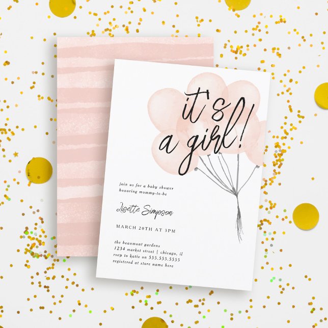 Simple Blush Watercolor Balloons Girl Baby Shower Invitation (Creator Uploaded)