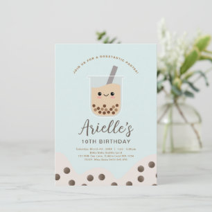 Simple Boba Bubble Milk Tea Blue Birthday Invitation