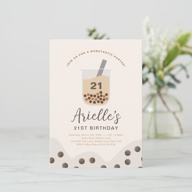 Simple Boba Bubble Milk Tea Personalised Birthday Invitation (Standing Front)