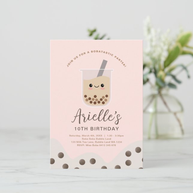 Simple Boba Bubble Milk Tea Pink Birthday Invitation (Standing Front)