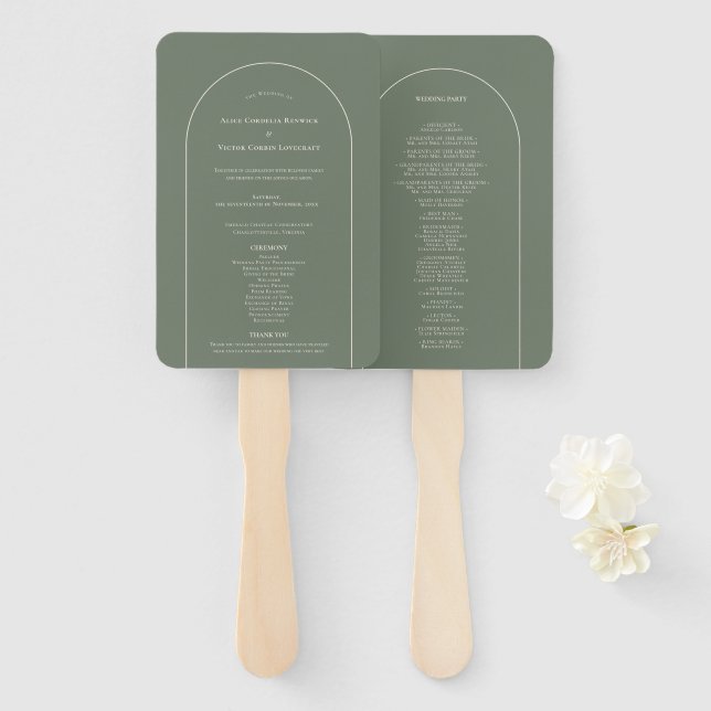 Simple Boho Arch Sage Green Wedding Program Hand Fan (Front and Back)