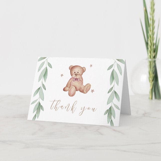 Simple Boho Bear Forest Baby Shower  Thank You Card (Front)