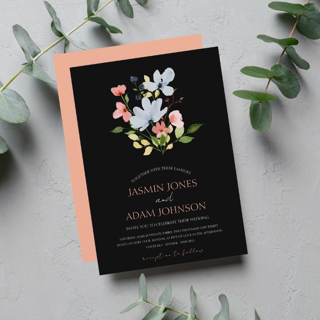 Simple Boho Black and Pink Floral Wedding Invitation (Creator Uploaded)
