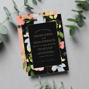 Simple Boho Black and Pink Floral Wedding Invitation