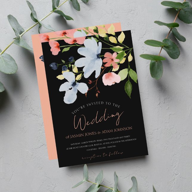 Simple Boho Black and Pink Floral Wedding Invitation (Creator Uploaded)
