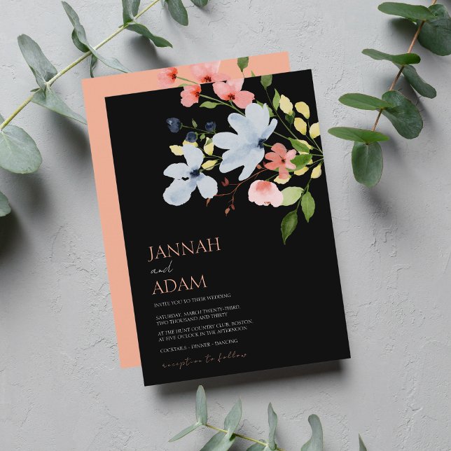 Simple Boho Black and Pink Floral Wedding Invitation (Creator Uploaded)