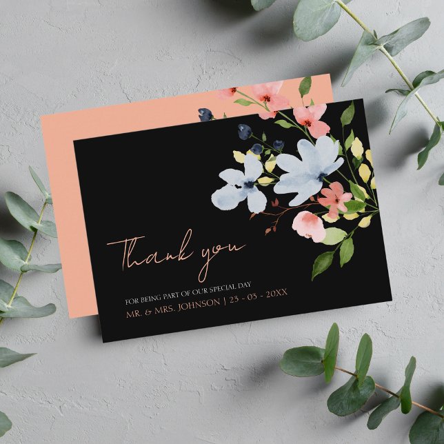 Simple Boho Black and Pink Floral Wedding Thank You Card (Creator Uploaded)