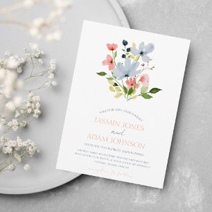 Simple Boho Blue and Pink Floral Wedding Invitation