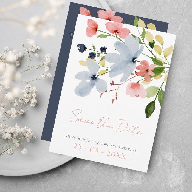 Simple Boho Blue and Pink Floral Wedding Save The Date (Creator Uploaded)