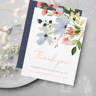 Simple Boho Blue and Pink Floral Wedding Thank You Card