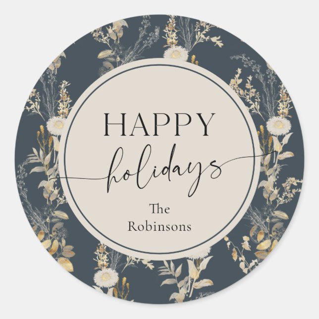 Simple Boho Blue Floral Christmas  Classic Round Sticker (Front)