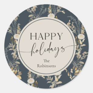 Simple Boho Blue Floral Christmas Classic Round Sticker