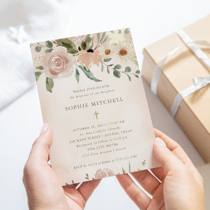 Simple Boho Blush Watercolor Flowers   Baptism Invitation