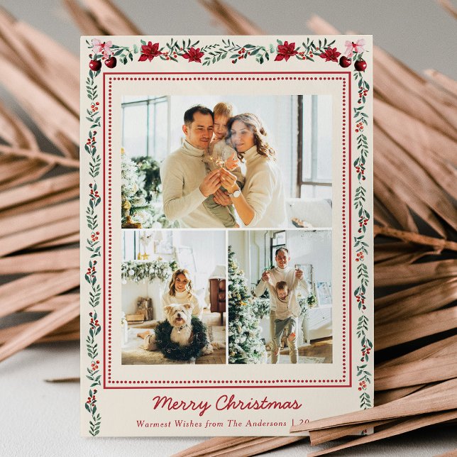 Simple Boho Christmas Greenery Poinsettia 3 Photo Holiday Card (Creator Uploaded)