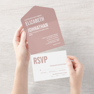 Simple Boho Dusty Rose Typography Wedding All In One Invitation