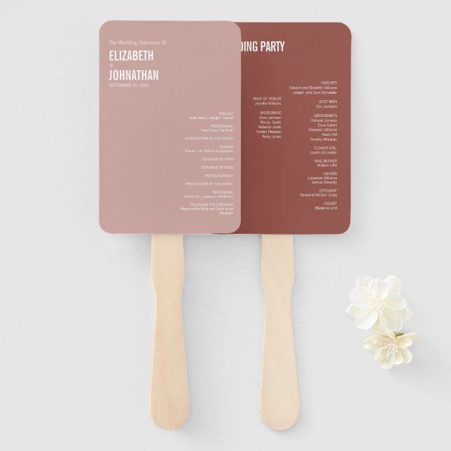 Simple Boho Dusty Rose Typography Wedding Program Hand Fan (Front and Back)