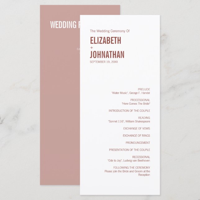 Simple Boho Dusty Rose Typography Wedding Program Programme (Front/Back)