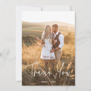 Simple Boho Elegant Script with Heart and Photos Thank You Card