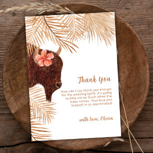 Simple Boho Floral Holy Cow Girl Baby Shower Thank You Card