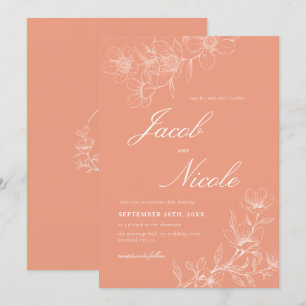 Simple Boho Floral Script Coral Wedding Invitation