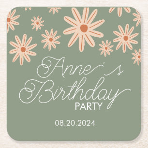 Simple Boho Flowers All Ages Birthday Square Paper Coaster