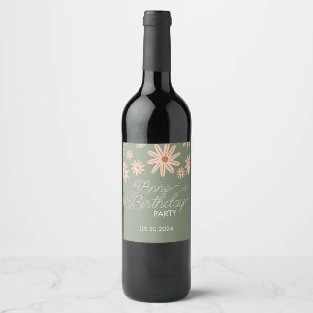Simple Boho Flowers All Ages Birthday Wine Label (Front)