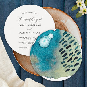 Simple Boho Navy Abstract Watercolor Wedding Invitation