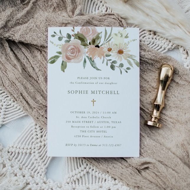 Simple Boho Neutral Watercolor Flower Confirmation Invitation (Creator Uploaded)