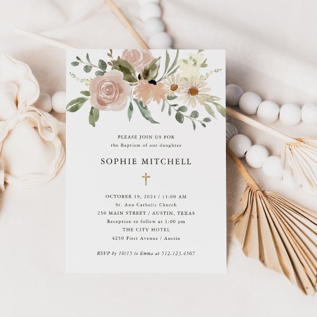 Simple Boho Neutral Watercolor Flowers | Baptism Invitation (Creator Uploaded)
