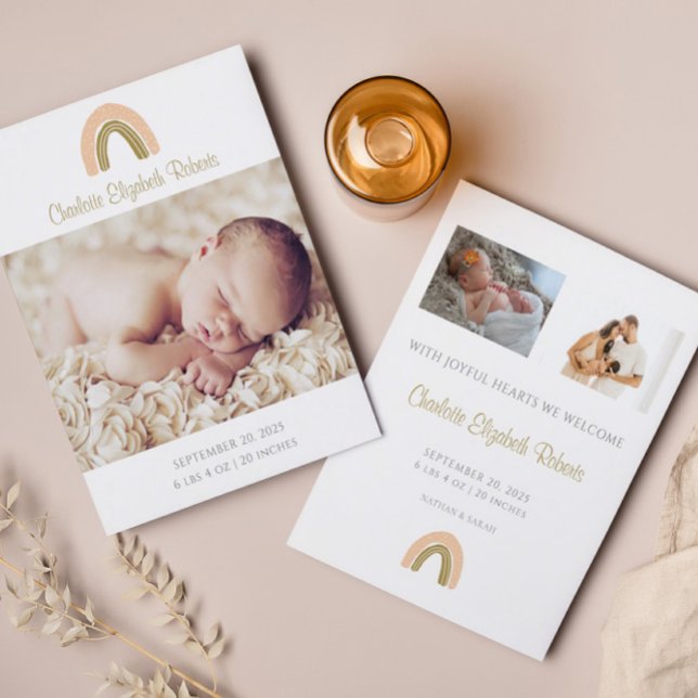 Simple Boho Rainbow Photo Birth Announcement Card (Creator Uploaded)