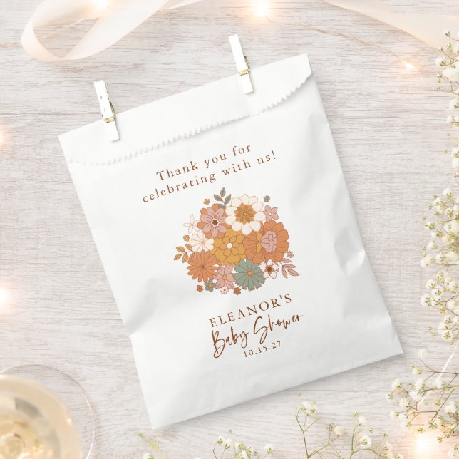 Simple Boho Retro Floral Baby Shower Custom Name Favour Bags (Clipped)
