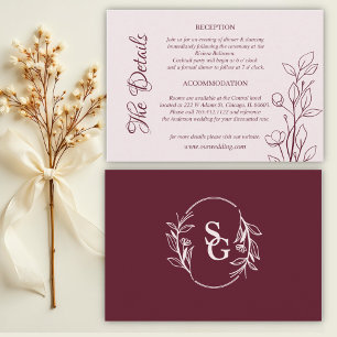 Simple Boho Ruby Wine Wedding Details Enclosure Card