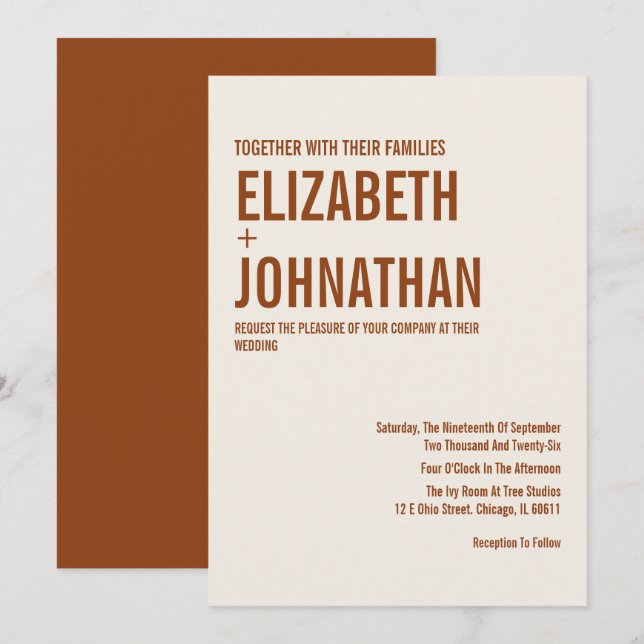 Simple Boho Terracotta Typography Wedding Invitati Invitation (Front/Back)
