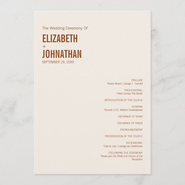 Simple Boho Terracotta Typography Wedding Program Programme (Front)
