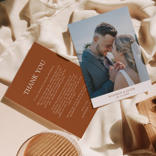 Simple Boho Terracotta With Photo Wedding Thank You Card