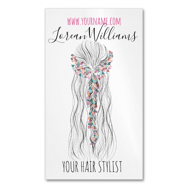 Simple Boho Wedding Hair Stylist Romantic Flower  Magnetic Business Card (Front Vertical)