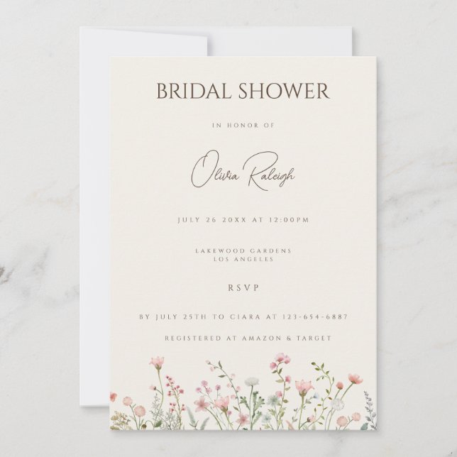 Simple Boho Wildflower Beige Bridal Shower Card (Front)