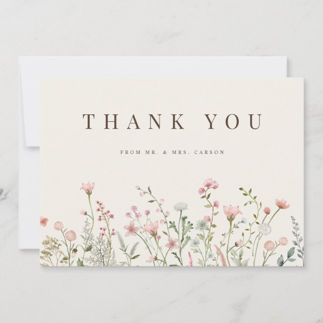 Simple Boho Wildflower Beige Thank you Card (Front)