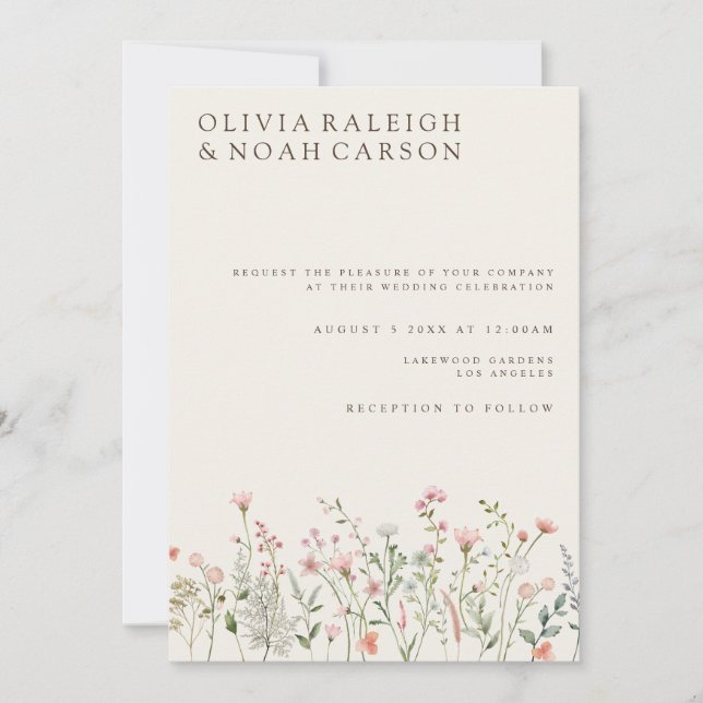 Simple Boho Wildflower Beige Wedding Invitation (Front)