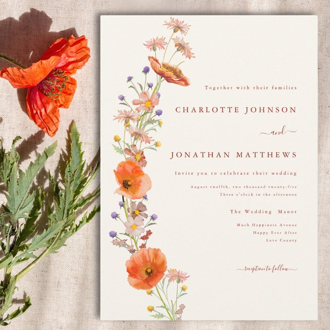 Simple Boho Wildflower Fall Wedding Invitation (Simple elegant wildflower boho wedding invitation)