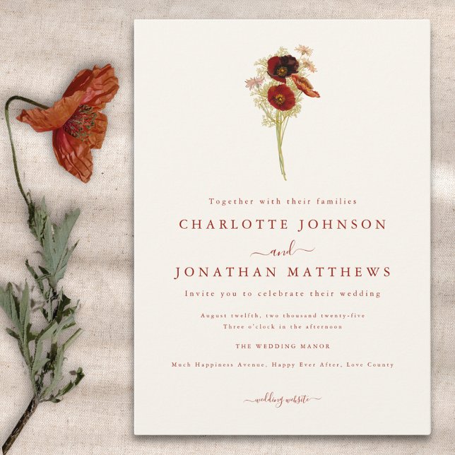 Simple Boho Wildflower Fall Wedding Invitation (Minimalist boho wildflower fall wedding invitation in earthy tones )
